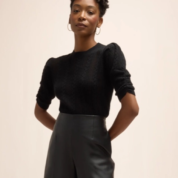 NEW FRAME Pointelle Cashmere Ruched-Sleeve Sweater Size: M - Picture 2 of 10